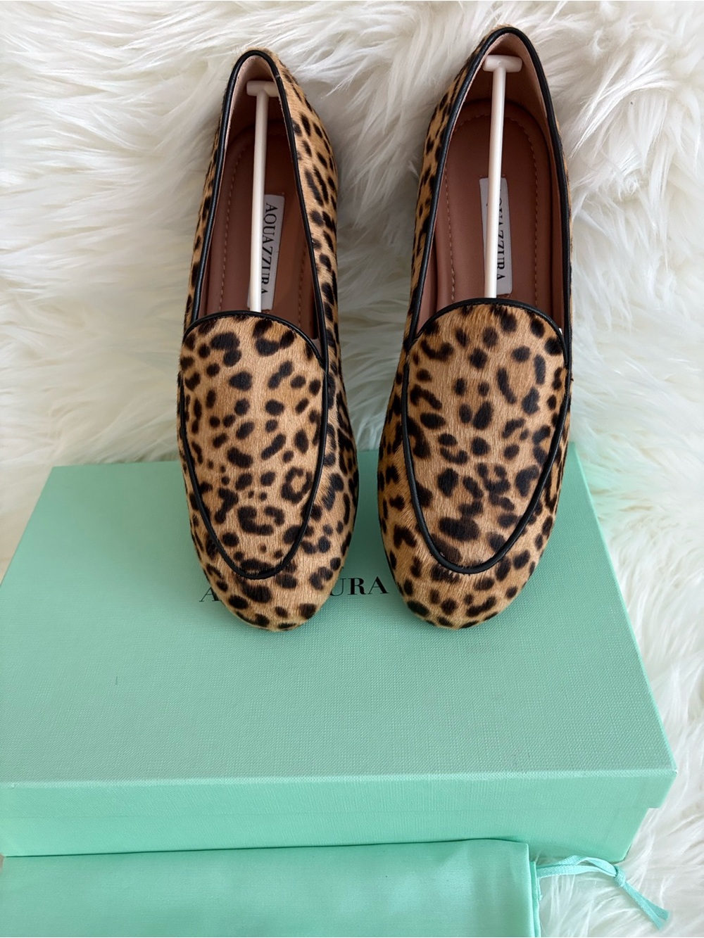 New-with Box AQUAZZURA GUANTO Leopard Calf Hair LOAFERS SZ 35 1/2 EU 5 1/2 US